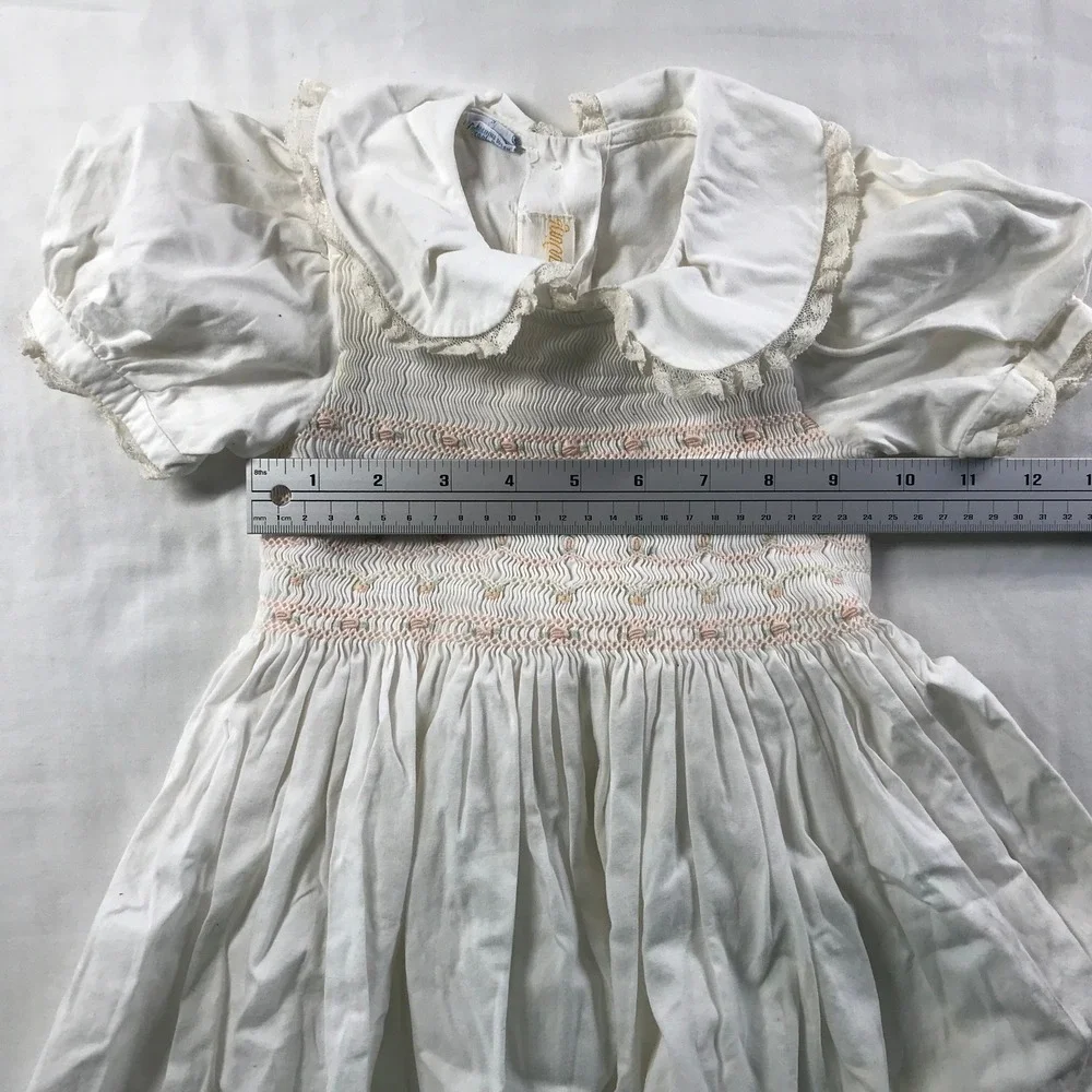 Anavini Vintage White Cotton Smocked Dress Pink Floral Embroidery Lace Size 3